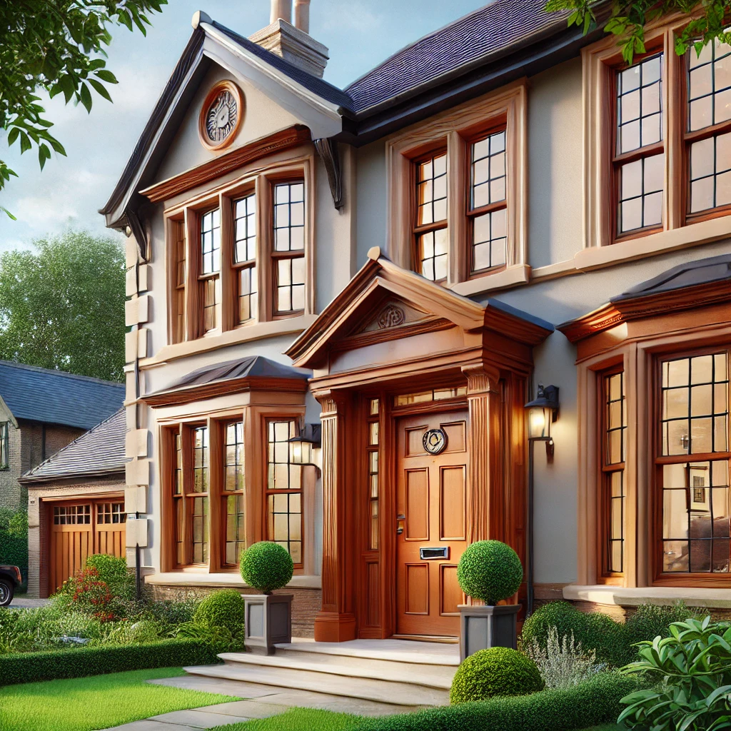 DALL·E 2024-07-31 13.50.11 - A beautifully designed British-style home with elegant custom wooden doors and windows. The house features classic sash windows with glazing bars, and