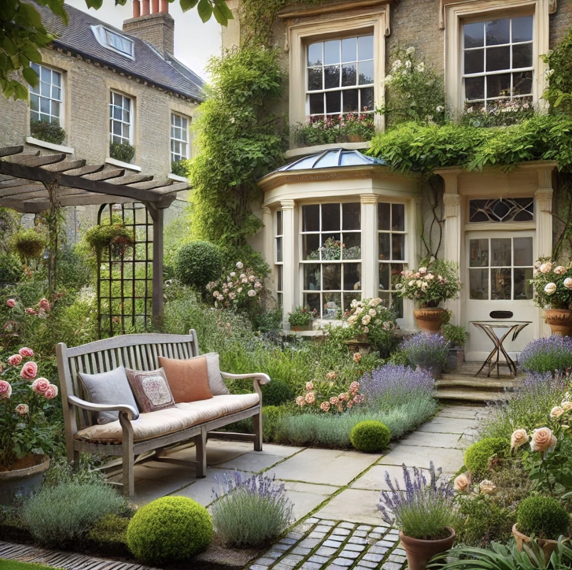 llustration of a traditional British-style garden with a cozy seating area, including the classic sash windows on the house